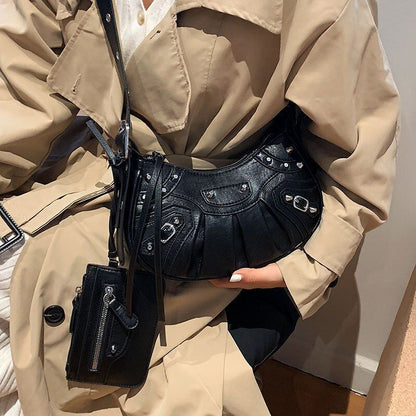 Half Moon Shape Leather Armpit Crossbody Bag Punk Style Vintage Handbag 2Pcs/set