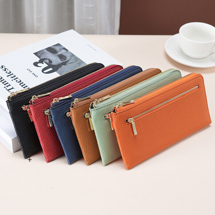 Togo Leather Women's Long Wallet, RFID Blocking Card Holder Zipper Clurch bag