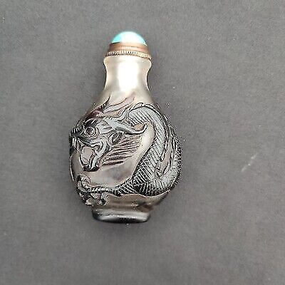 chinese peking glass snuff bottle black fierce dragon statue figurines snuffbox