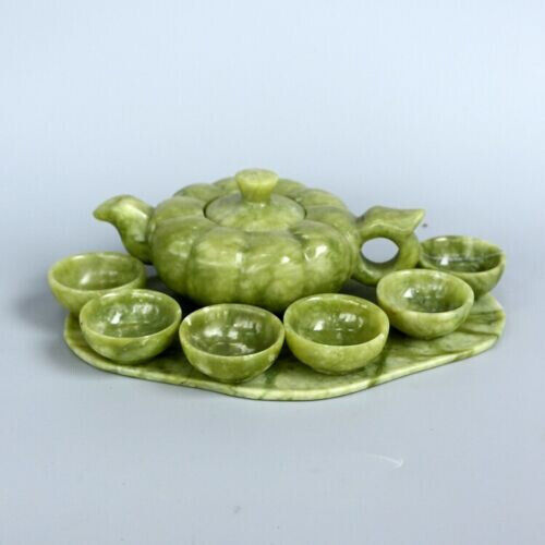 Chinese Traditional Natural Handmade Jade Teapot Carving Gong Fu Tea Cup Set