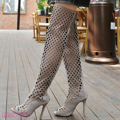 Sexy Womens Over Knee Thigh High Boots Hollow Out High Heels Gladiator Sandals @