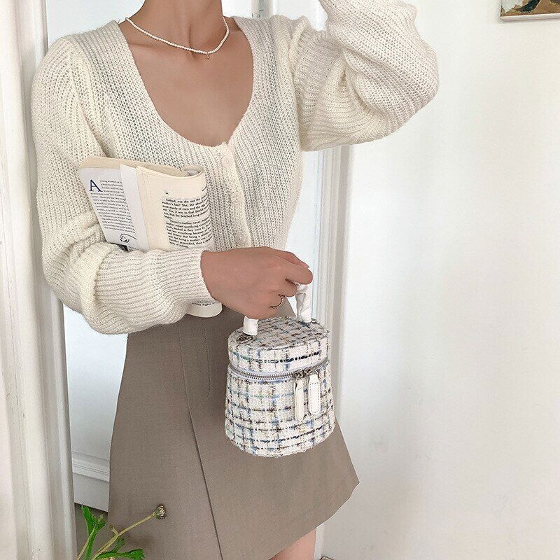 Women Bags Patchwork Tweed Print Mini Handbag Commute Crossbody Shoulder Packs