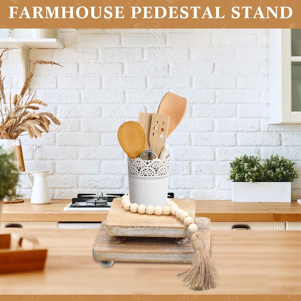 Wood Bead Garland and Wooden Risers Set Farmhouse Vintage Rustic Stand 3 Pieces