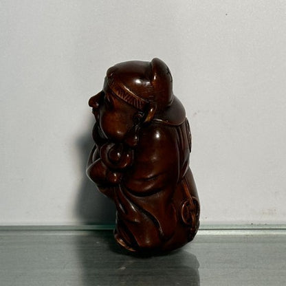 Chinese Vintage Boxwood Carving Mammon Statue Wooden Figurine Collectible Gift