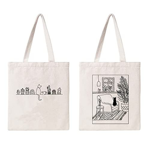 Kazova Cute Cat Cotton Canvas Tote Bag Minimalist Cactus Large, Art