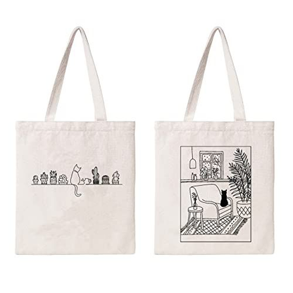 Kazova Cute Cat Cotton Canvas Tote Bag Minimalist Cactus Large, Art