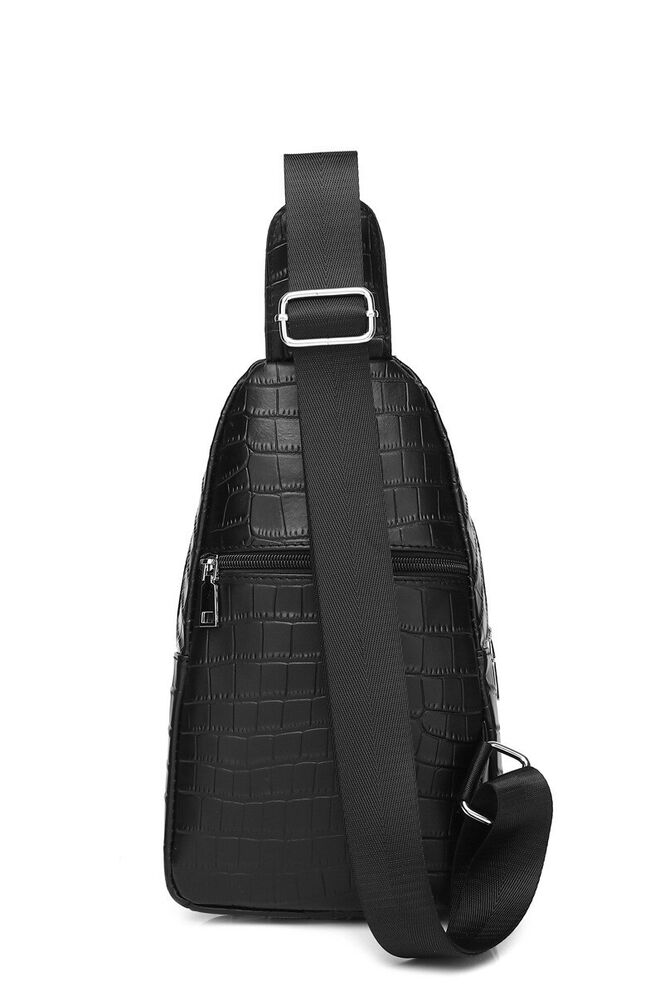 Black Real Leather Sling Backpack, Men's Crossbody Chest Bag Crocodile Printing