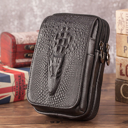 100% Genuine Leather Men's Crocodile Pouch Hook Funny Belt Pack Waist Bag