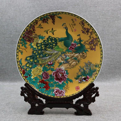 Old Chinese Porcelain color painted Peacock pattern plate Qing Qianlong Mark