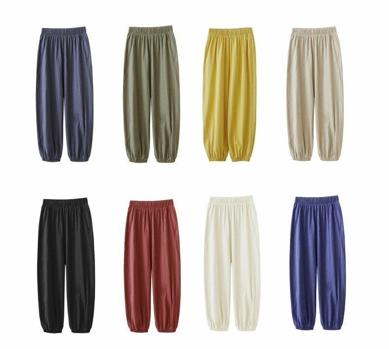 Pants Women Casual Cotton Linen Elastic Waist Solid Basic Retro Loose Trousers