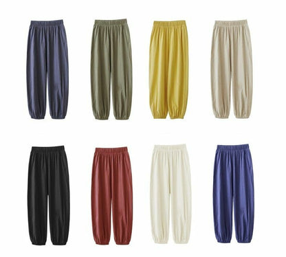 Pants Women Casual Cotton Linen Elastic Waist Solid Basic Retro Loose Trousers