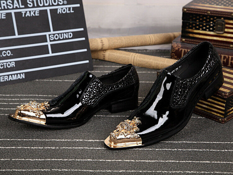 Mens Slip On Leather Metal Pointy Toe Formal Dress Business Flat Heel Shoes New
