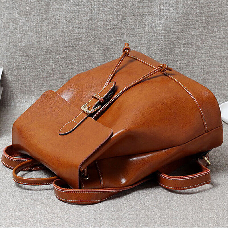 Genuine Leather Women's Drawstring Backpack Travel Bag Oil wax Leather Rucksack