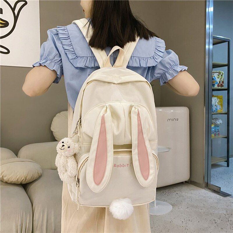 Backpack White School Bag Rabbit Tail Bag Large Waterproof 29*12*40 CM Traveling
