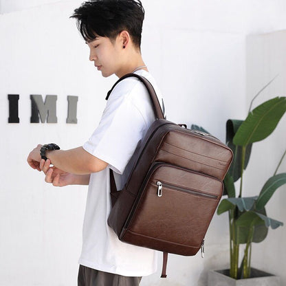 Multifunctional Backpack Men PU Leather Laptop Backbag Portable Travel Bag Male
