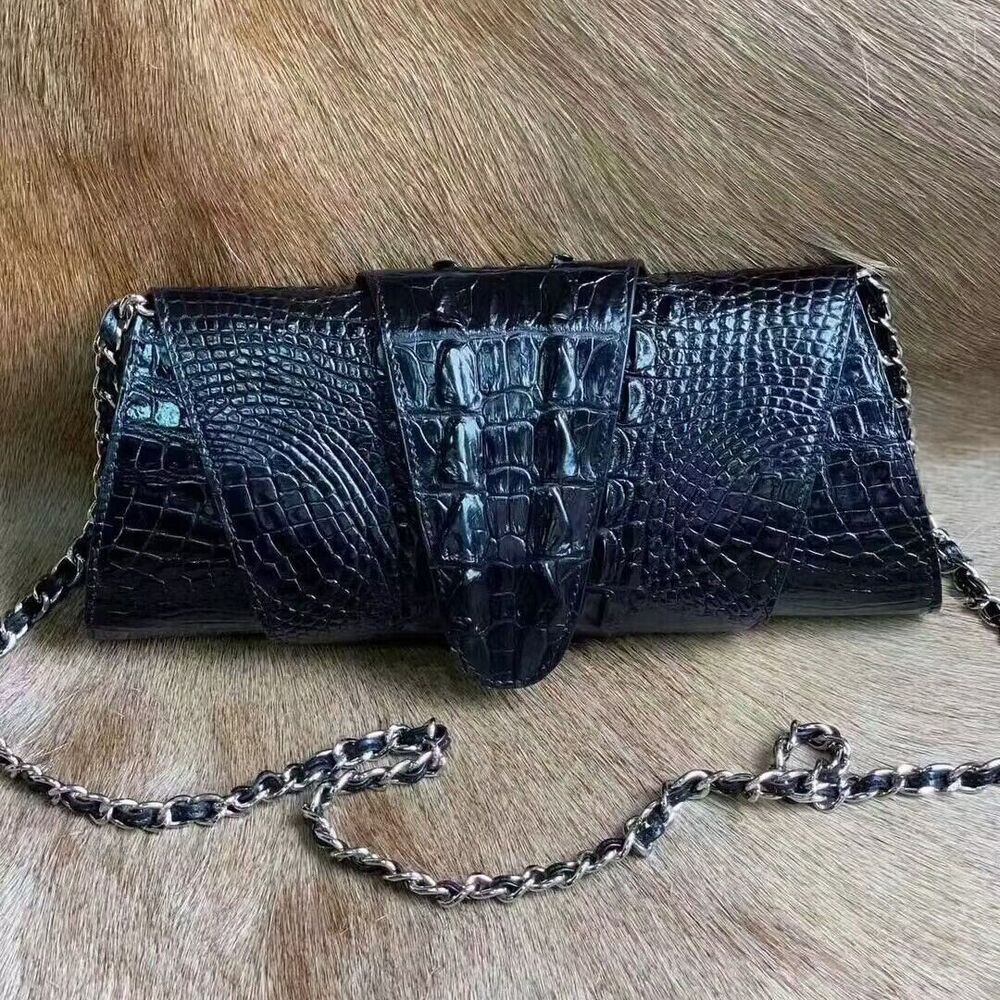Original CrocodileSkin Leather Luxury Bag, Women's Black Chain bag Shoulder Bag