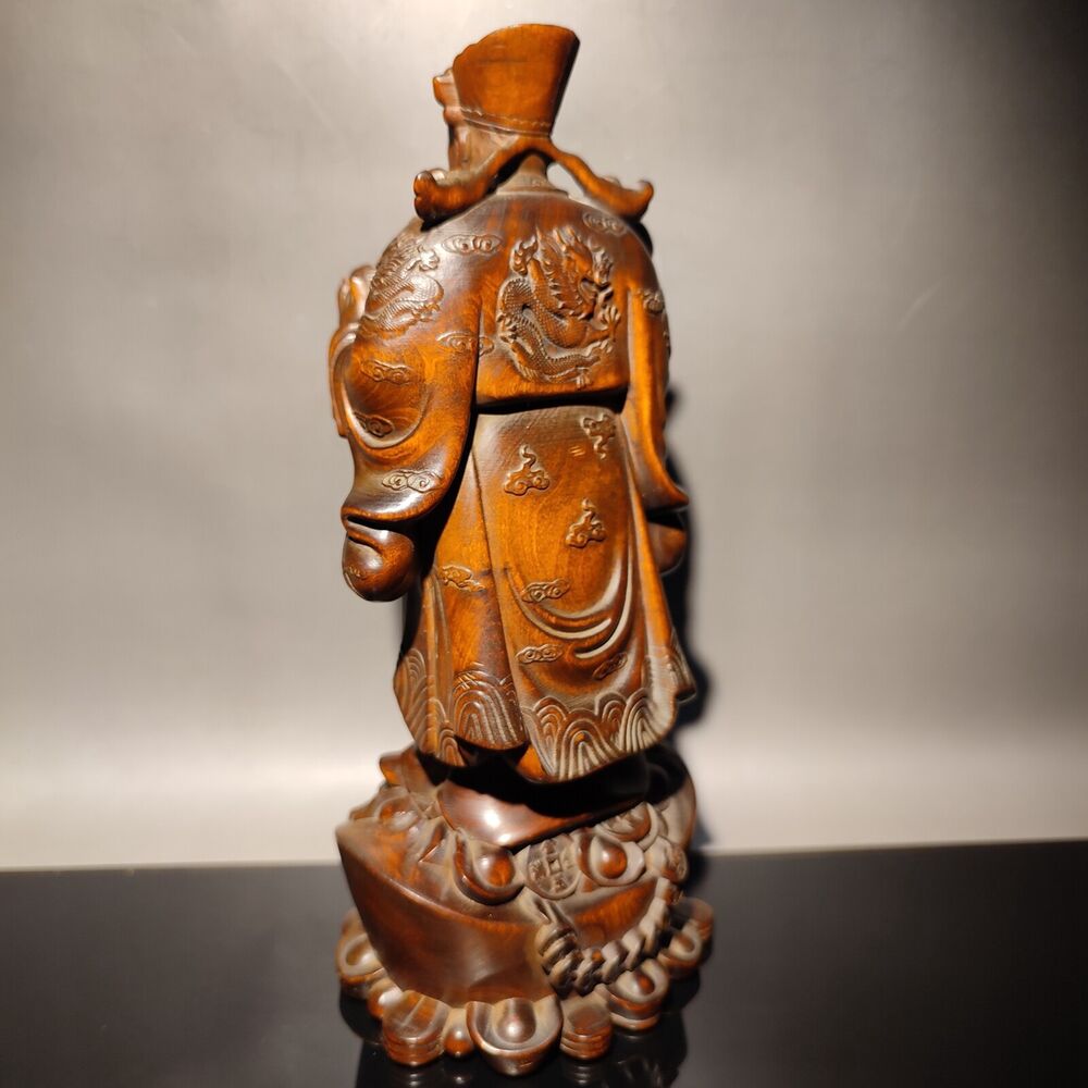 7" Boxwood Wooden Statue modern home decor sculpture God of wealth buddha Mammon