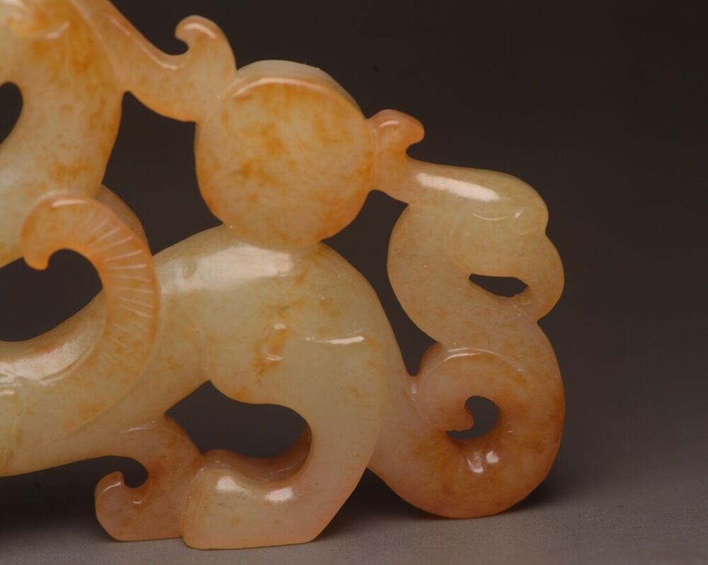 Top Chinese Antique Hetian Jade Carving Dragon Phoenix 龙凤呈祥 Statue Sculpture Art