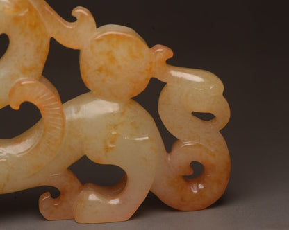 Top Chinese Antique Hetian Jade Carving Dragon Phoenix 龙凤呈祥 Statue Sculpture Art