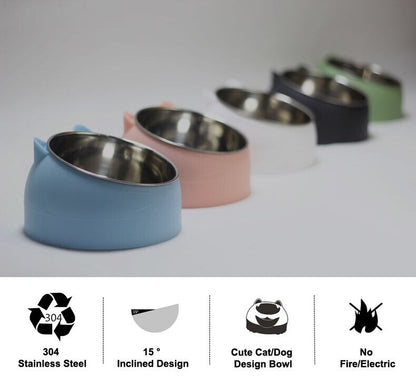 Pet Cat Elevated Stand Cat Dish Stainless Steel Tilted Raised Food Water Bowl