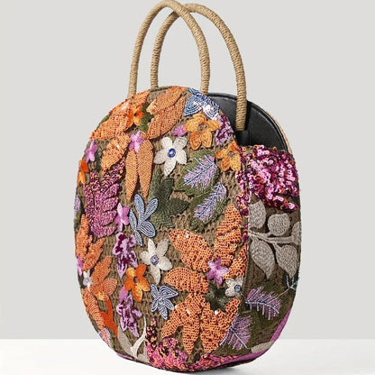 Women Floral Sequins and Straw Tote Bag Round Handbag Vacation,Travel,Party