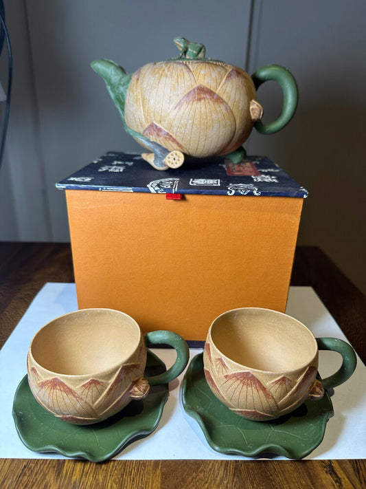 Chinese zisha (purple sand) Yixing frog teapot with two cups and saucers replica