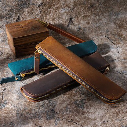 Handmade Cowhide Leather Vintage Zipper Pencil Case mini Pen Bag Pen Accessories