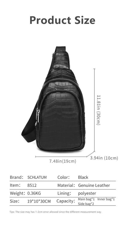 Black Real Leather Sling Backpack, Men's Crossbody Chest Bag Crocodile Printing