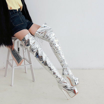 16CM High Heel Platform Round toe Zipper Over the Knee Thigh Crotch High Boots