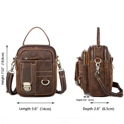 Crazy Horse Leather Men's Sling Shoulder Bag Double Zipper Multifunction Handbag