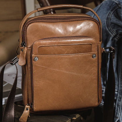 Crazy Horse Leather Men's Sling Shoulder Bag Double Zipper Multifunction Handbag