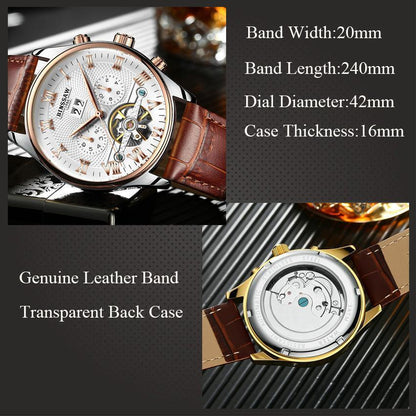 Mens Automatic Mechanical Watch Date Day Rose Gold Black Dial Brown Leather Best