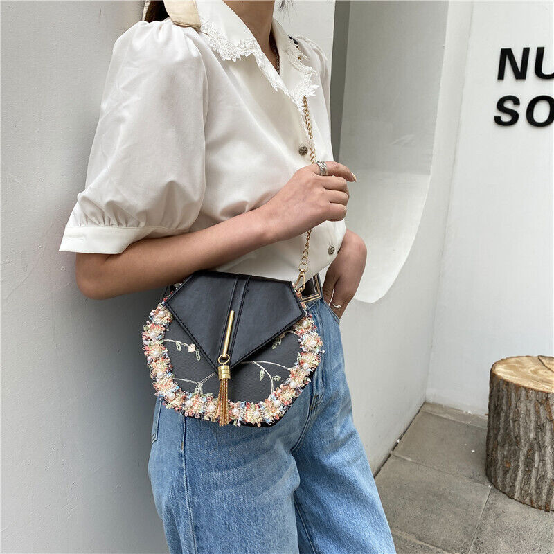 Tassel Women's Bag PU Leather Shoulder Bag Pearl Lace Crossbody Bags Handbags