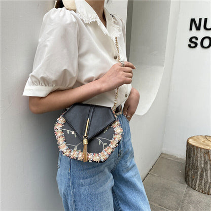 Tassel Women's Bag PU Leather Shoulder Bag Pearl Lace Crossbody Bags Handbags