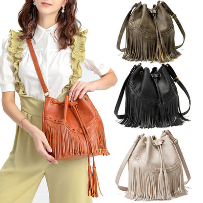 Women's Bag Casual Drawstring Tassel Bucket Bag PU Fringe Female Messenger Bag