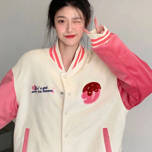 Cute womens Hello Kitty Loose Harajuku Jacket Street pink Baseball Uniform Coat