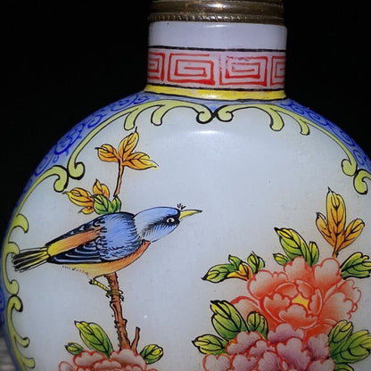 chinese glass snuff bottle Statue Painted flower bird rare colored glaze art