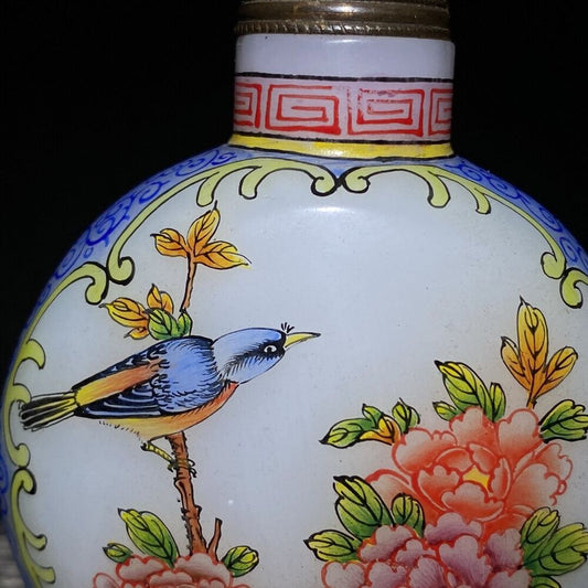 chinese glass snuff bottle Statue Painted flower bird rare colored glaze art