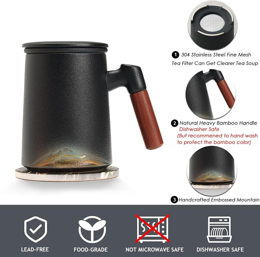 Handmade Ceramic Tea Cup with Infuser & Lid Mug with Bamboo Handle Kitchen Decor