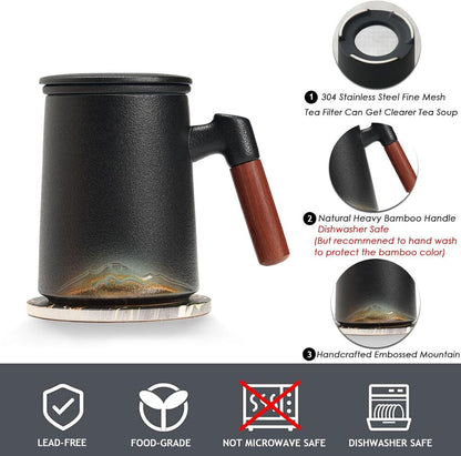 Handmade Ceramic Tea Cup with Infuser & Lid Mug with Bamboo Handle Kitchen Decor