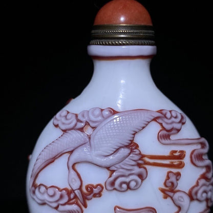 collections Old Beijing chinese glass snuff bottle carved crane statue deer nice