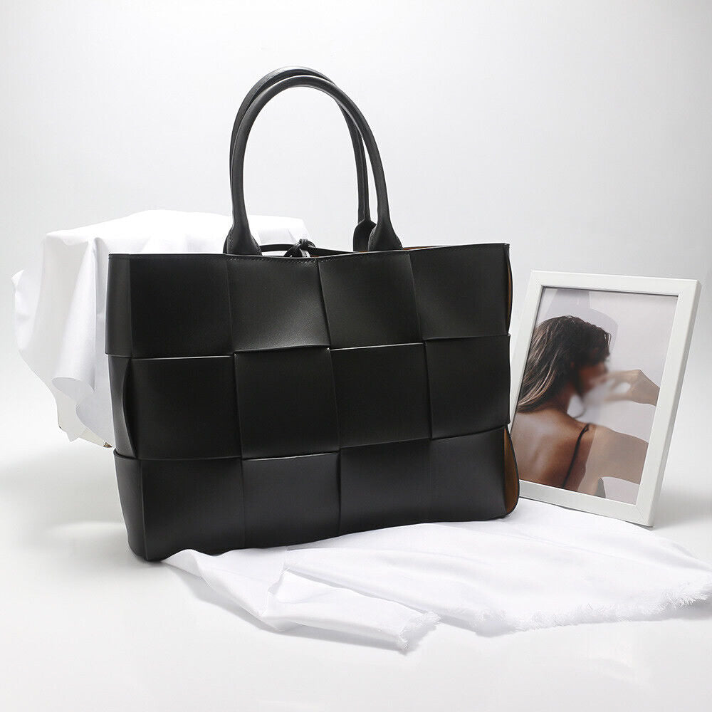 Woven Real Leather Tote Shopper Purse Handbag Work Bag Briefcase Fashion Medium