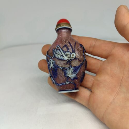 chinese carved collection peking glass snuff bottle cricket statue carving rare