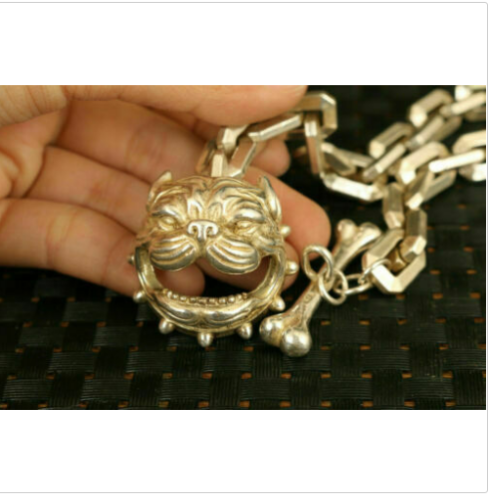 chinese miao silver hand carved dog head statue bracelet decorate Jewellery gift