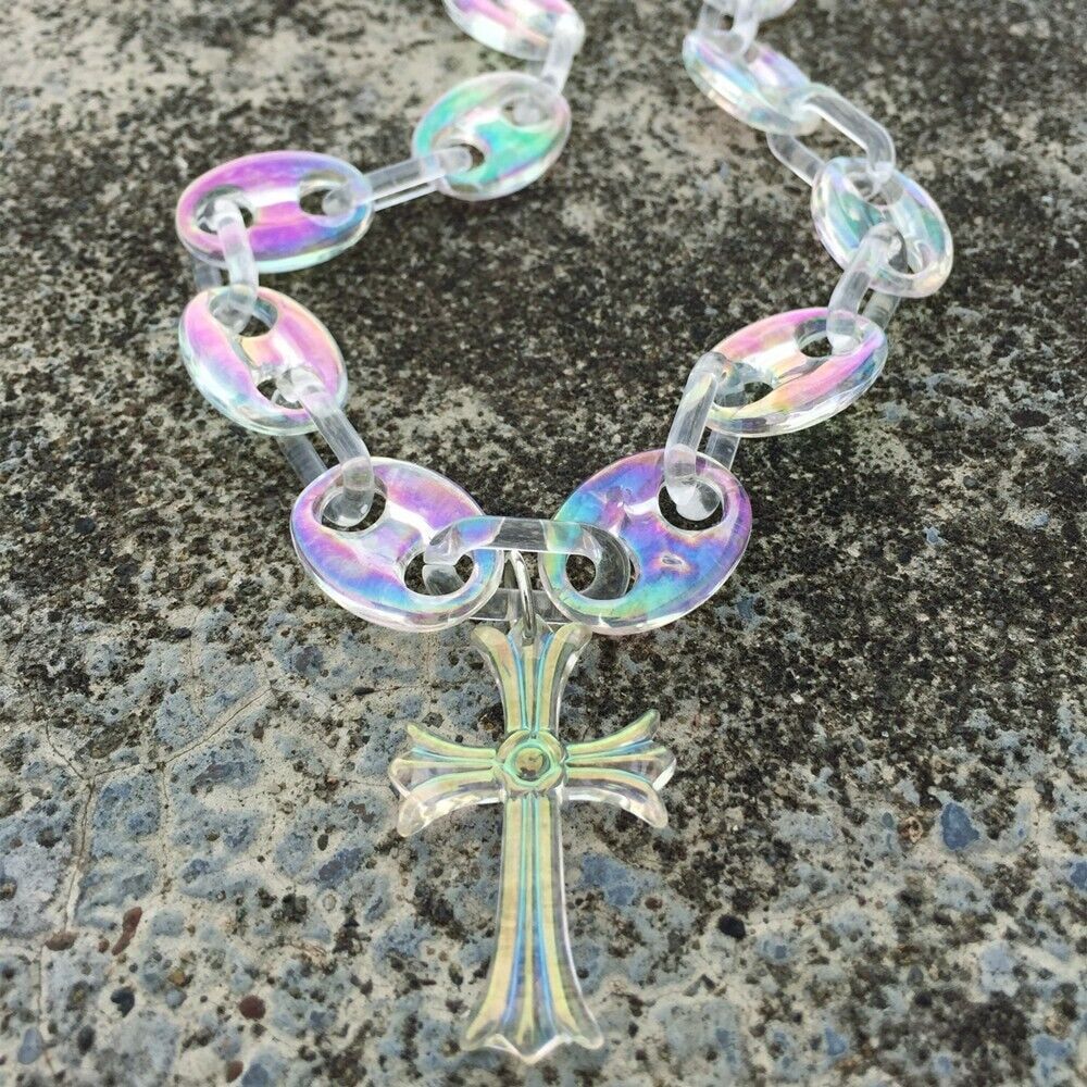 Women Necklace Cross Pendants Trendy Iridescent Acrylic Beads Chain Chokers 50cm