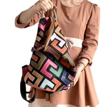 Desinger Real Leather Women's Backpack, Colorful Patchwork Travel Shoulder Bag