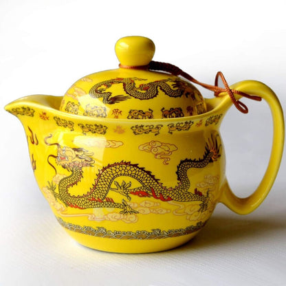 Chinese Yellow Porcelain Teapot Dragons Stainless Mash Infuser Kitchen Decor
