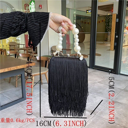 Tassel Square Bag Female Pearl Chain Handbag Long Tassel Bag Black Evening Bag
