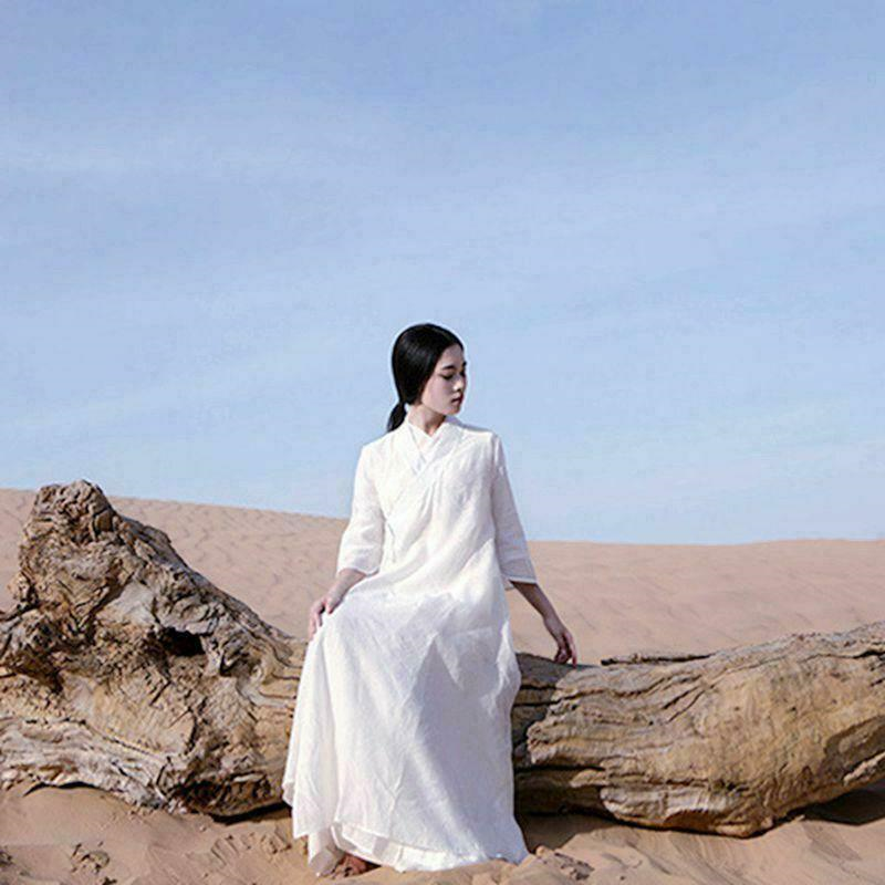 Chinese Style Womens Casual Cotton Linen Long Robe Dresses Gown Loose fit dress