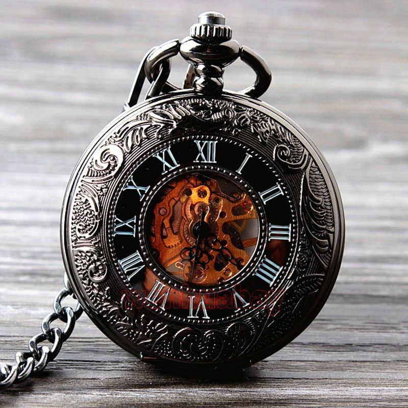 Retro Hand Wind Mechanical Pocket Watch With Fob Chains Men Hollow Skeleton Dial